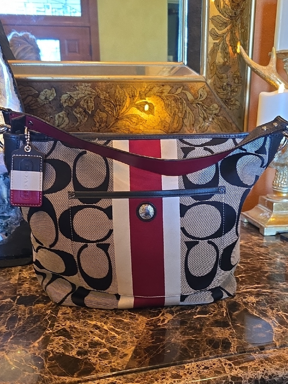 Coach Canvas Shoulder Bag in Red, Tan, Cream & Black. 14'W × 11' Tall. - Picture 2 of 16